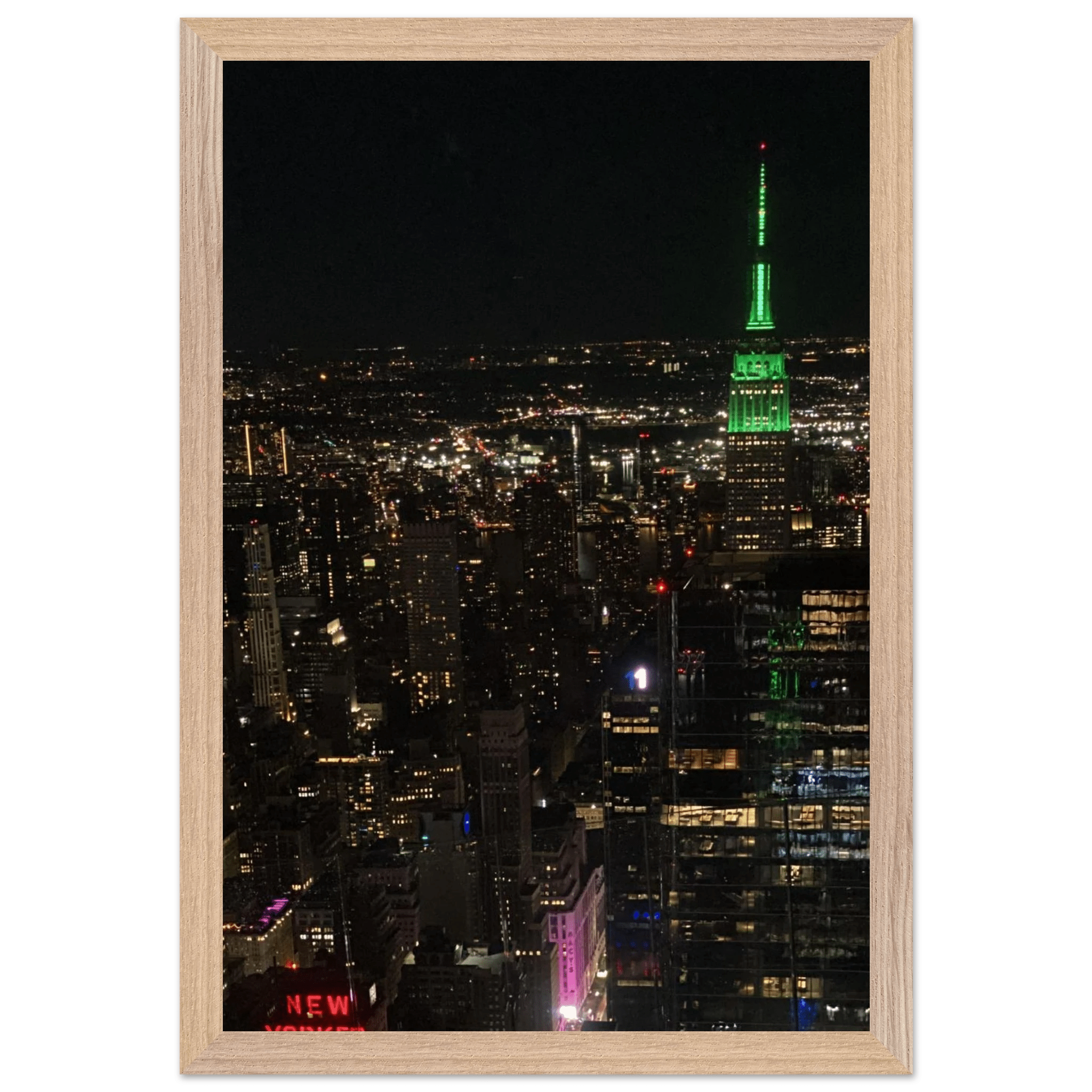 Premium wood-mounted framed poster of NYC downtown night view with Empire State Building, part of the Travel Collection by My Store.