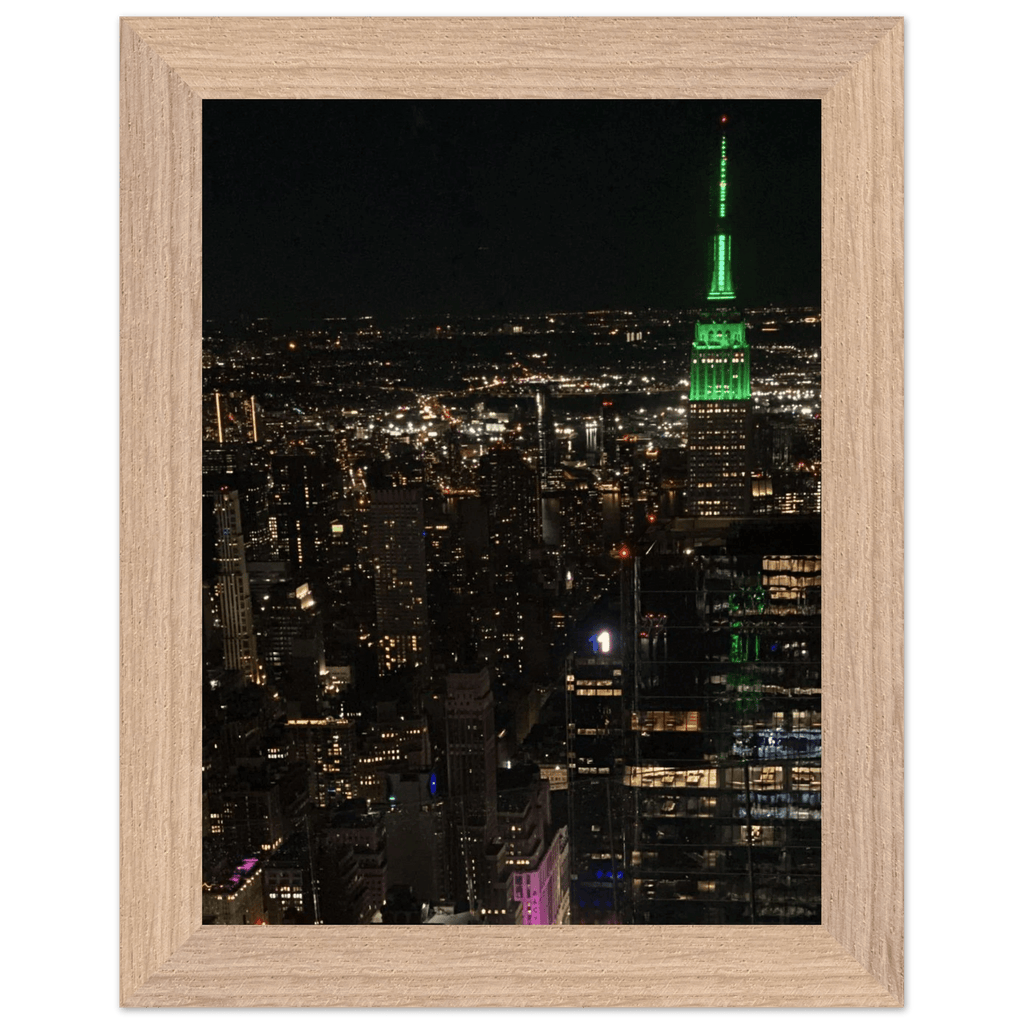 Wood-mounted framed poster of NYC downtown night view with Empire State Building, part of the Travel Collection, Studio Edition.
