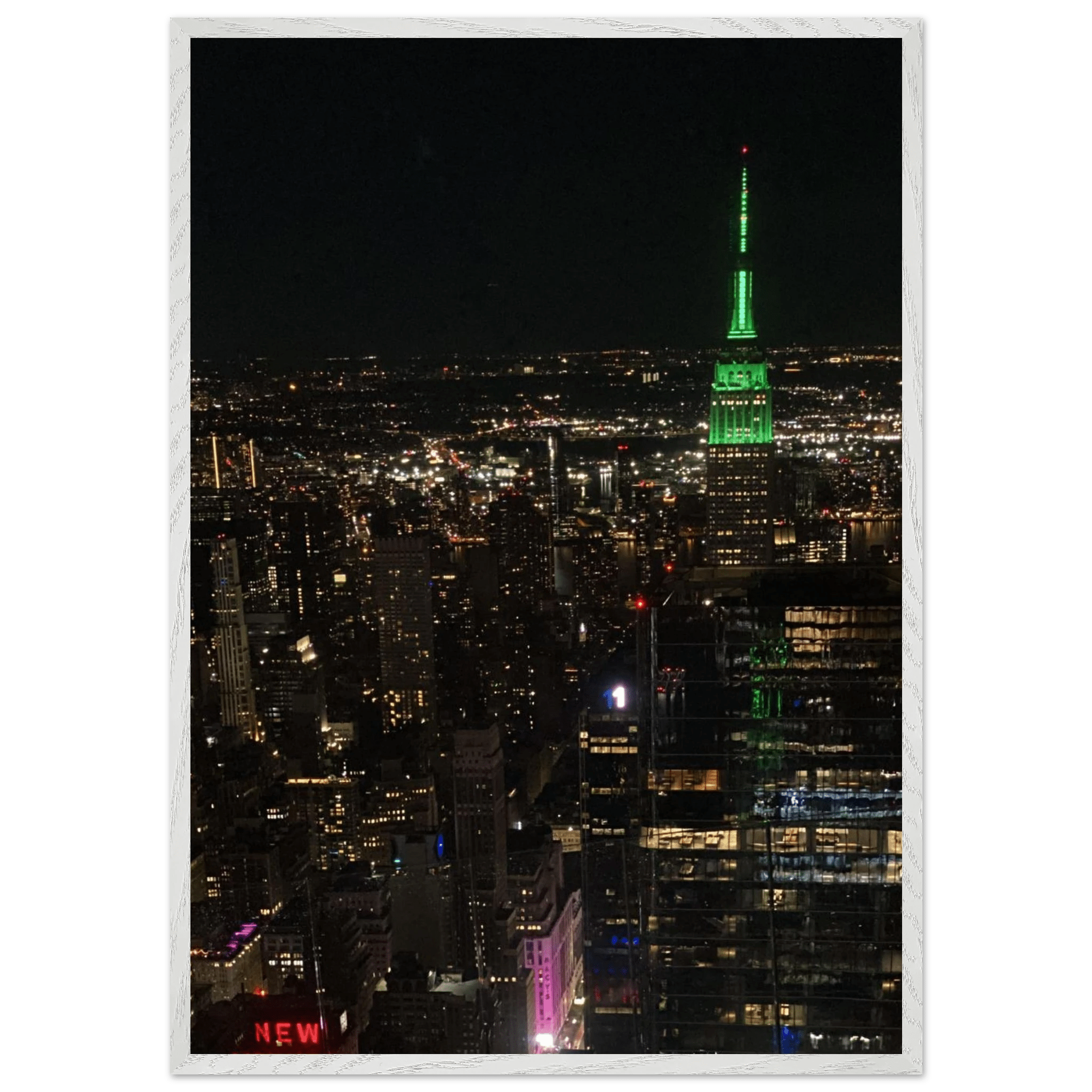 Wood-mounted framed poster of NYC downtown night view with Empire State Building, part of the Studio Edition Travel Collection.
