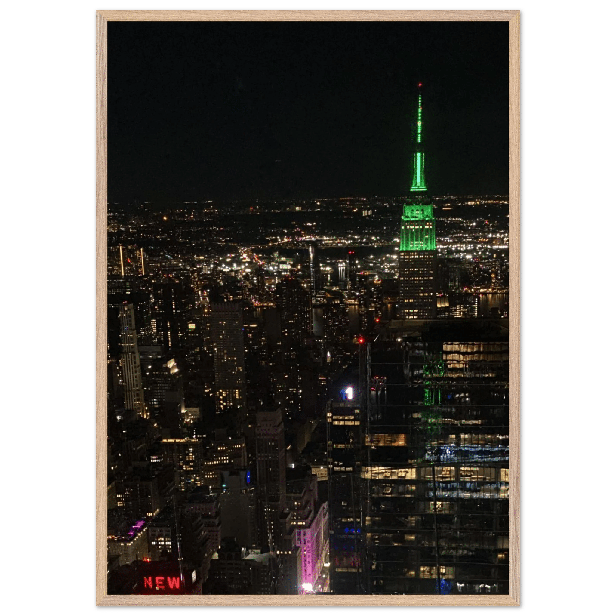Wood-mounted framed poster of NYC downtown night view with Empire State Building, part of My Store’s Travel Collection, Studio Edition.