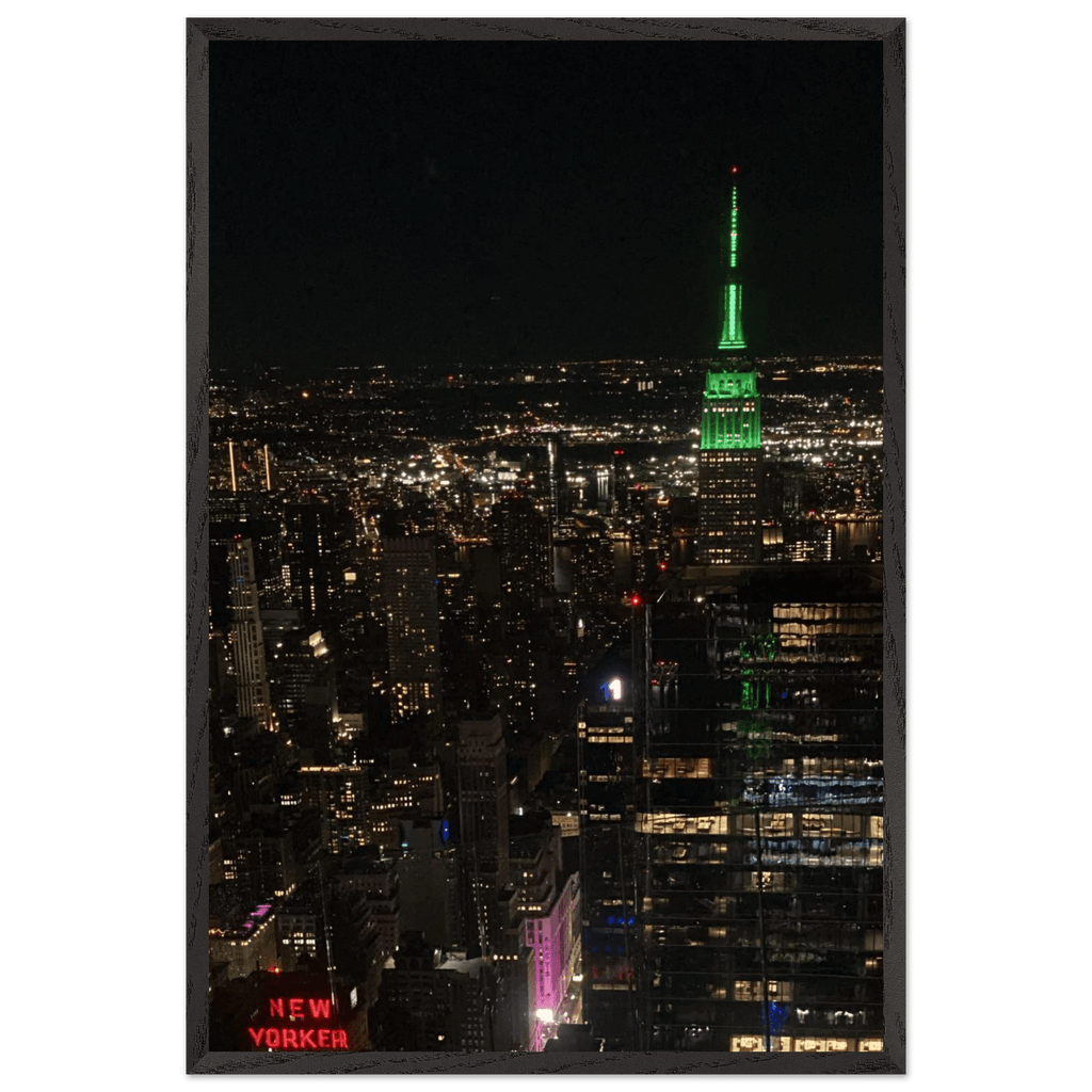 Premium wood-mounted framed poster of NYC downtown night view with Empire State Building, 15x20 cm print, white frame, Travel Collection.