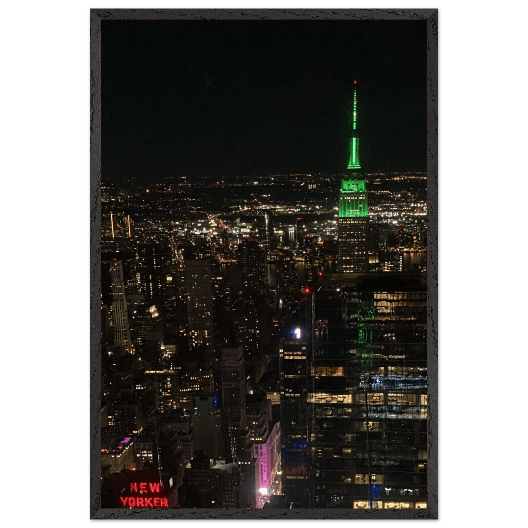 Premium wood-mounted framed poster of NYC downtown night view with Empire State Building, 15x20 cm print, white frame, Travel Collection.