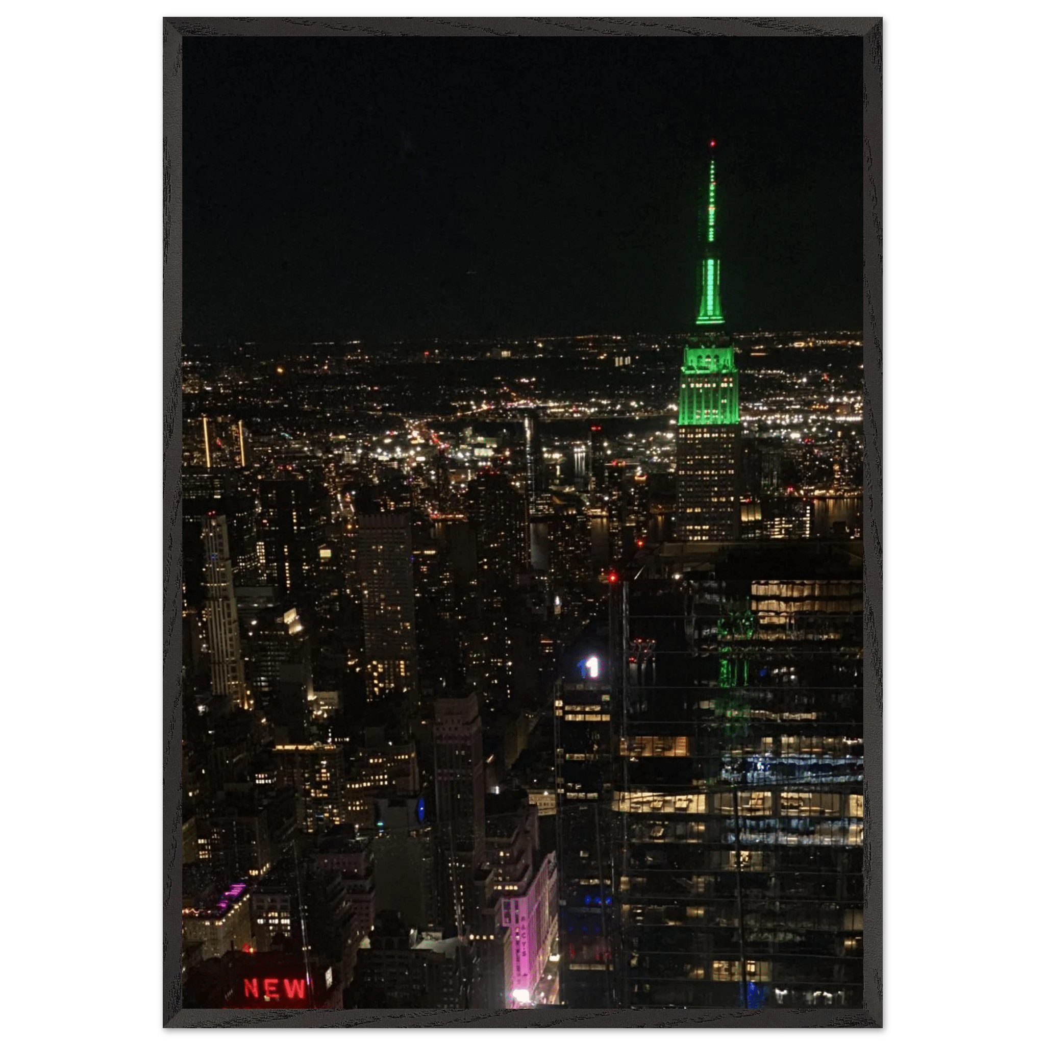 Wood-mounted framed poster of NYC downtown night view with Empire State Building, part of the Travel Collection by Studio Edition.