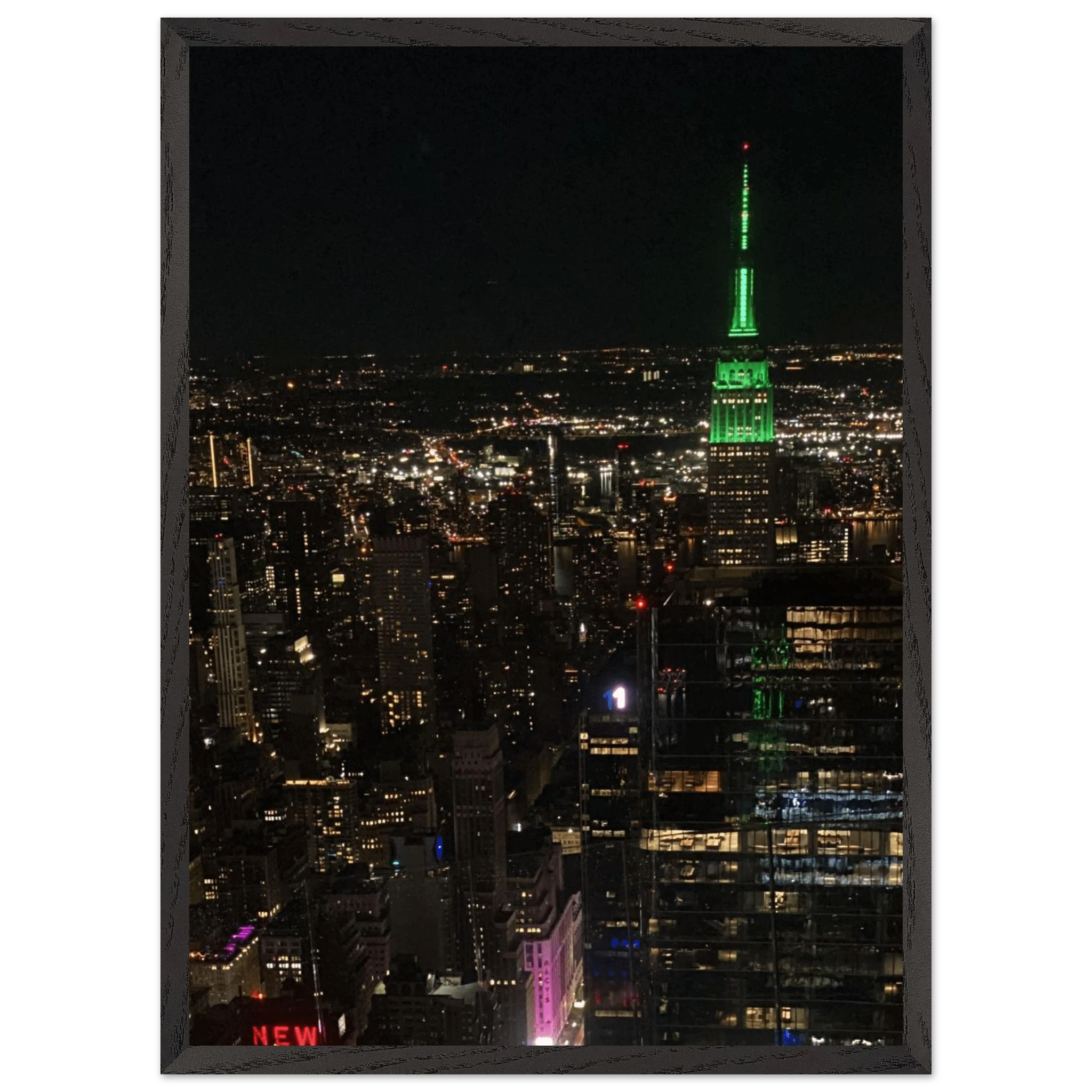 Wood-mounted framed poster of NYC downtown night view with Empire State Building, part of the Travel Collection Studio Edition.