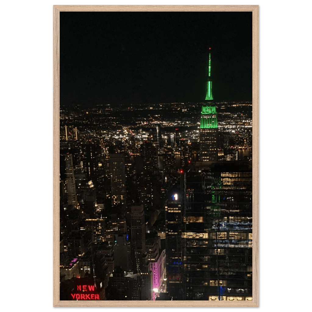Wood mounted framed poster of NYC Downtown night view with Empire State Building, part of the Travel Collection, Studio Edition.