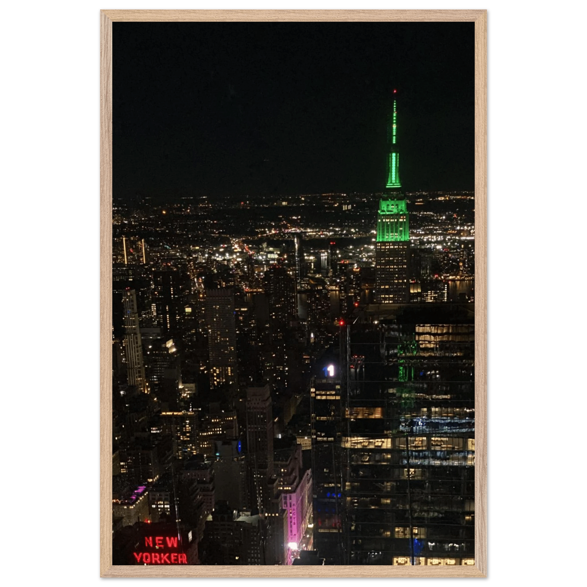 Wood mounted framed poster of NYC Downtown night view with Empire State Building, part of the Travel Collection, Studio Edition.