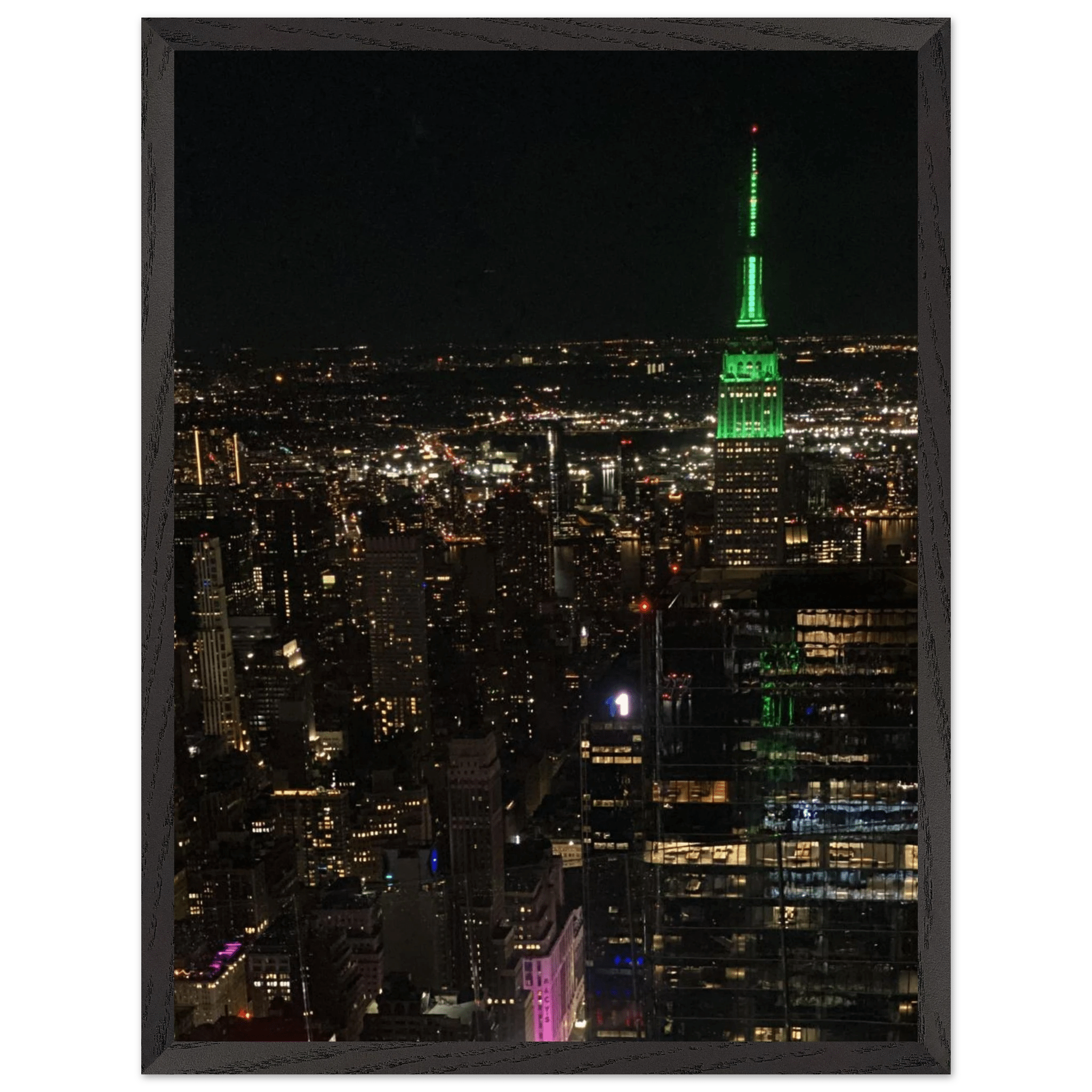 Wood-mounted framed poster of iconic NYC downtown night view featuring the Empire State Building from the Travel Collection.