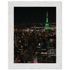 Premium wood-mounted framed poster of NYC downtown night view with Empire State Building, 15x20 cm print in white frame.