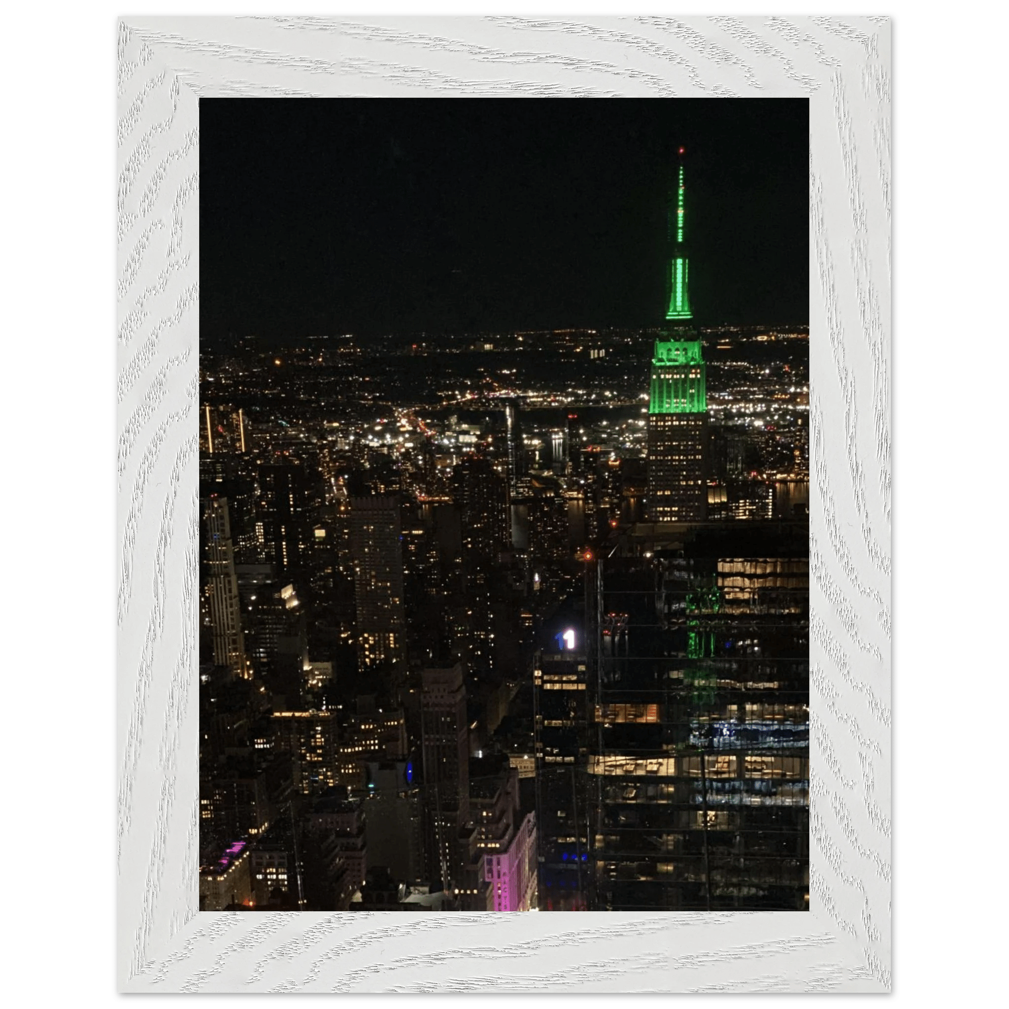Wood-mounted framed poster of NYC downtown night view featuring Empire State Building, part of the Travel Collection Studio Edition.