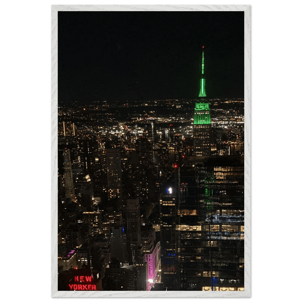 Premium wood-mounted framed poster of NYC Downtown night view with Empire State Building, part of Studio Edition Travel Collection.