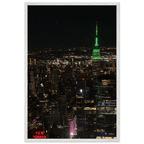 Premium wood-mounted framed poster of NYC Downtown night view with Empire State Building, part of Studio Edition Travel Collection.