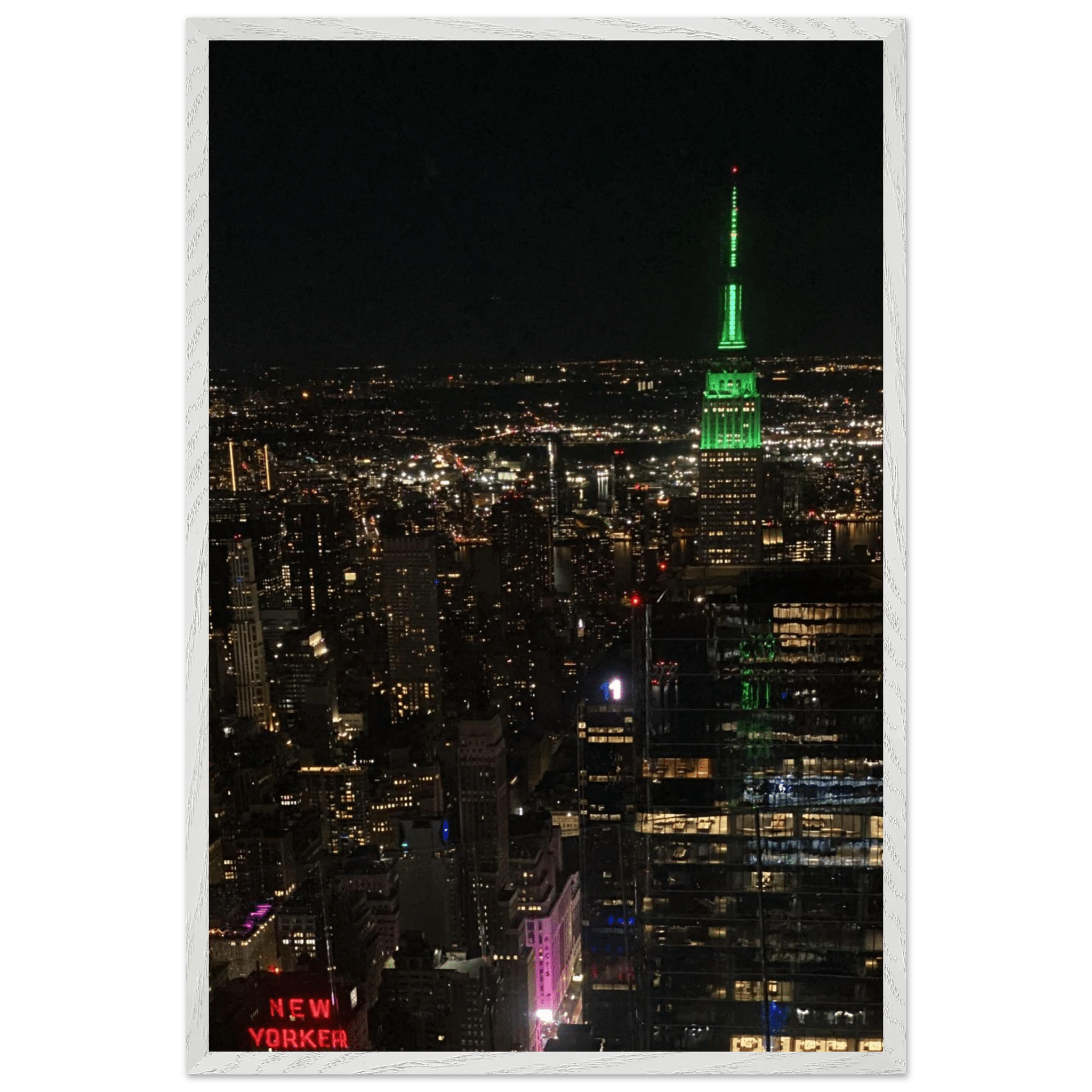 Premium wood-mounted framed poster of NYC Downtown night view with Empire State Building, part of Studio Edition Travel Collection.