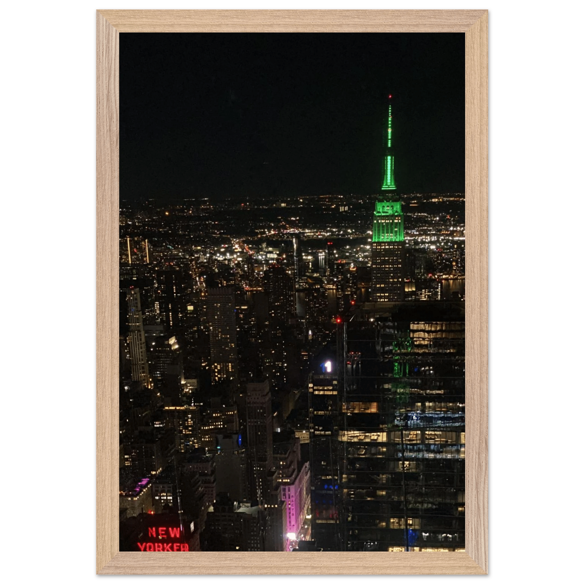 Wood-mounted framed poster of NYC downtown night view featuring the Empire State Building from the Travel Collection.