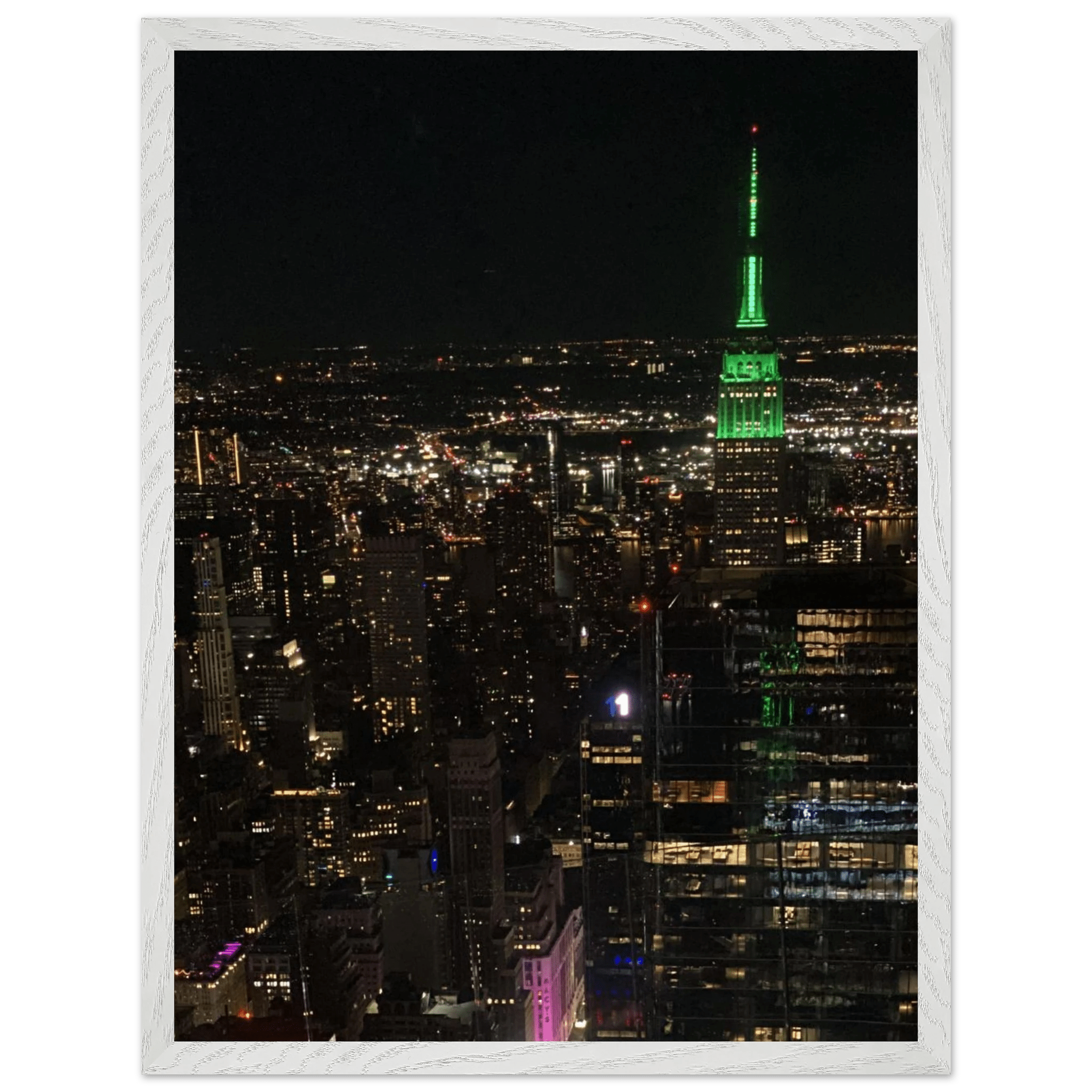 Wood-mounted framed poster of NYC downtown night view featuring the Empire State Building from the Travel Collection Studio Edition.
