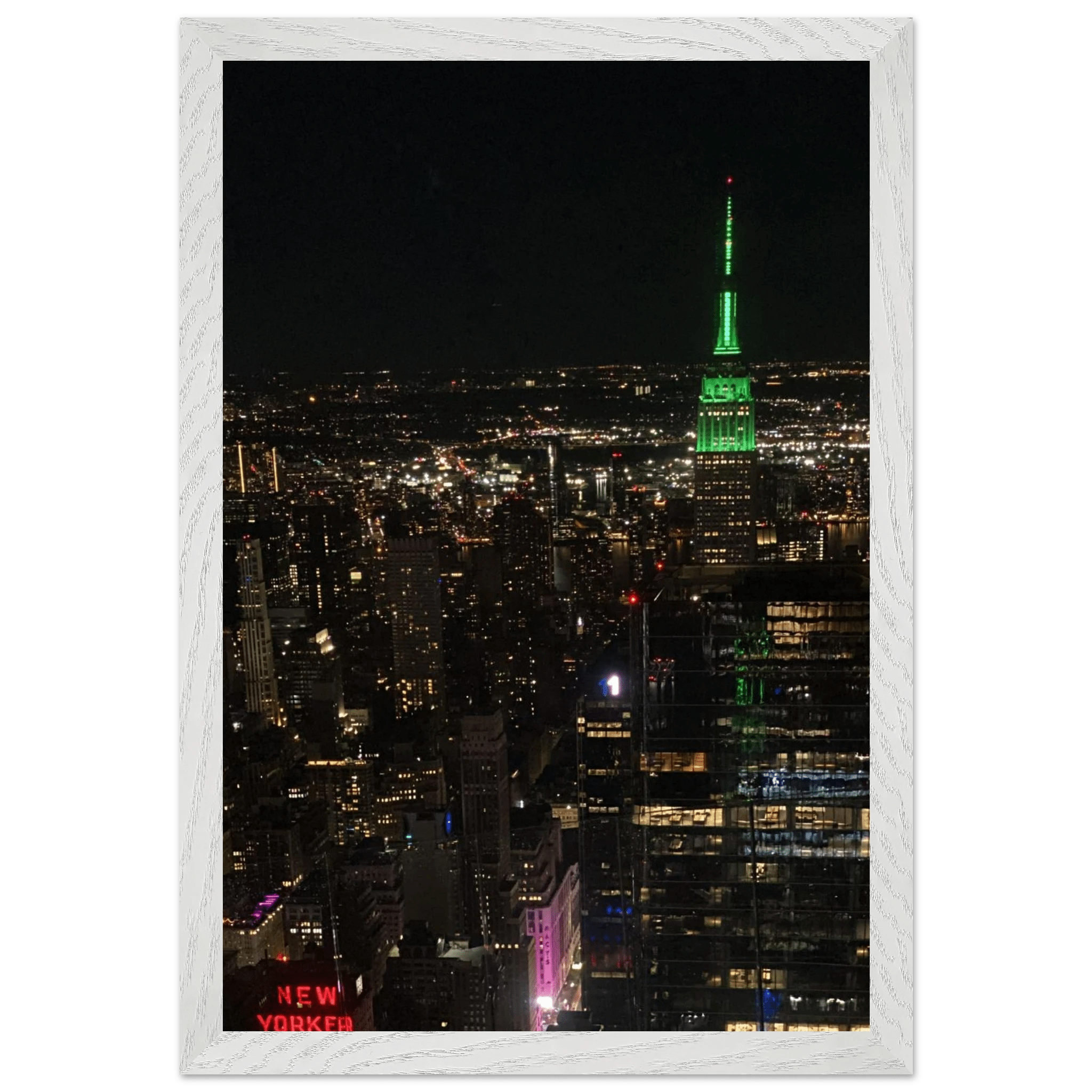 Wood-mounted framed poster of NYC downtown night view with Empire State Building, part of the Travel Collection Studio Edition.