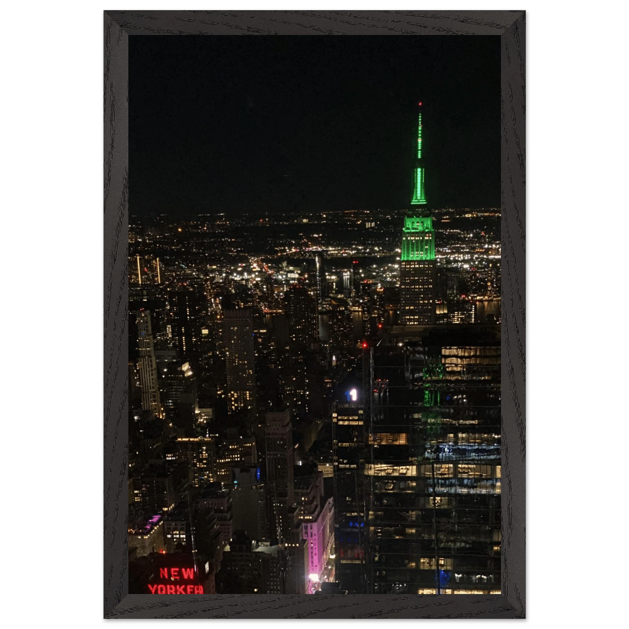 Wood-mounted framed poster of NYC downtown night view with Empire State Building, part of the Travel Collection Studio Edition.