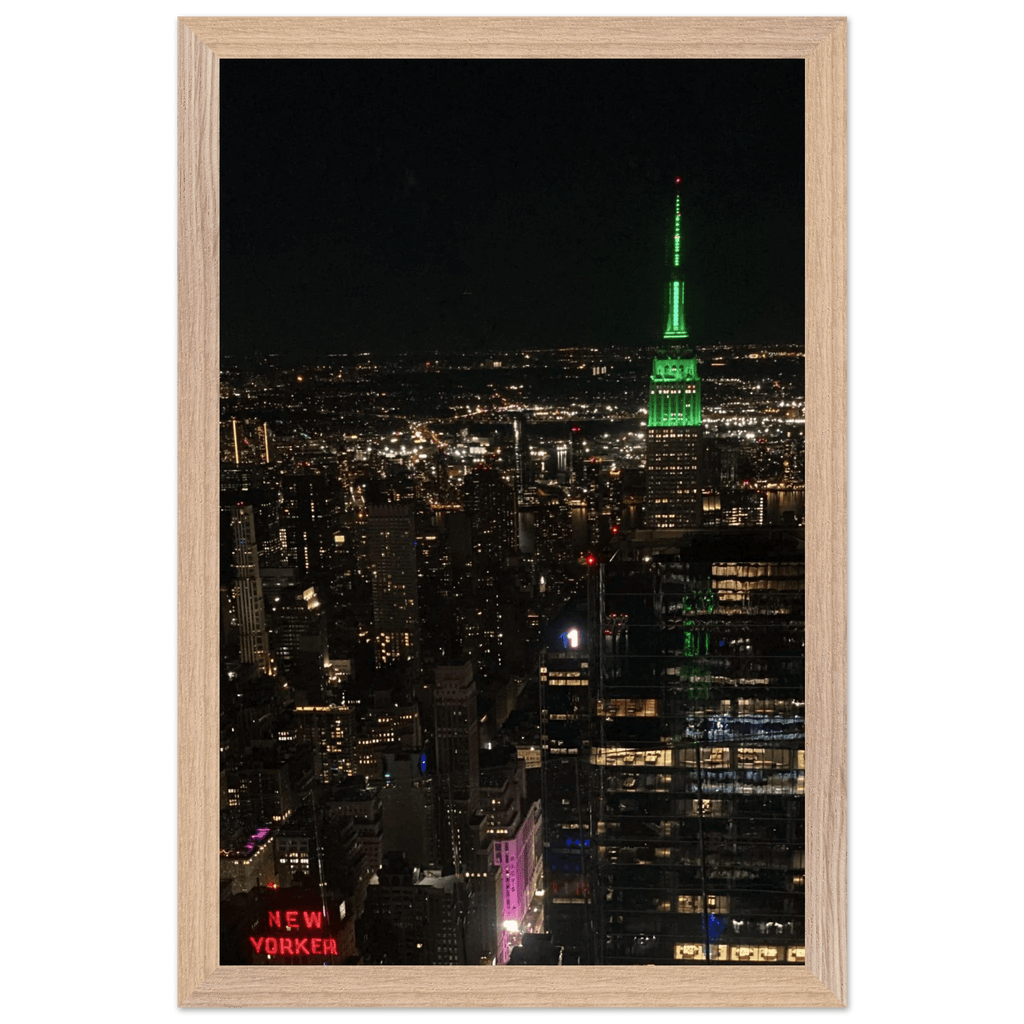 Premium wood-mounted framed poster of NYC downtown night view with Empire State Building, part of the Travel Collection.