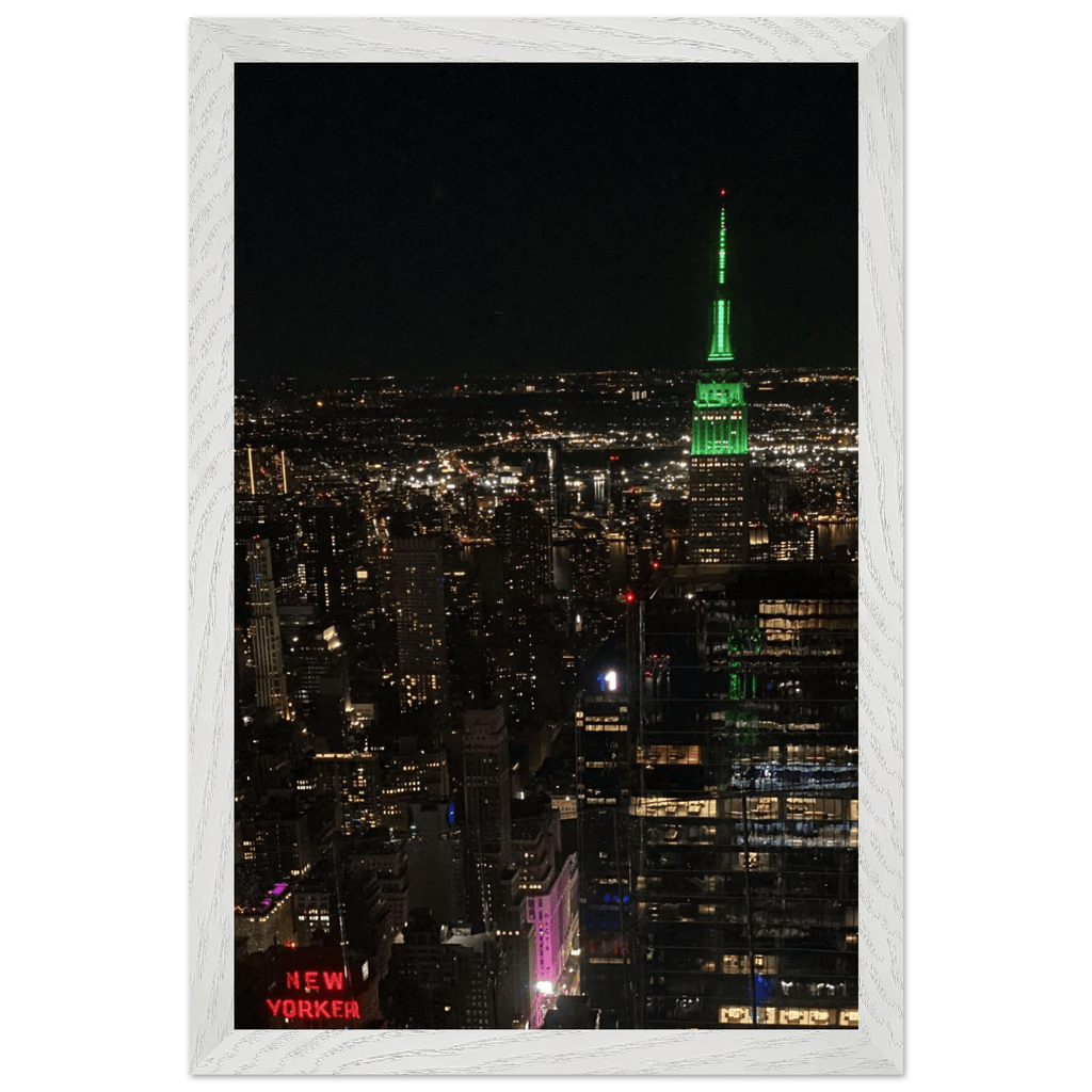 Premium wood-mounted framed poster of NYC Downtown night view with Empire State Building, part of the Travel Collection by My Store.