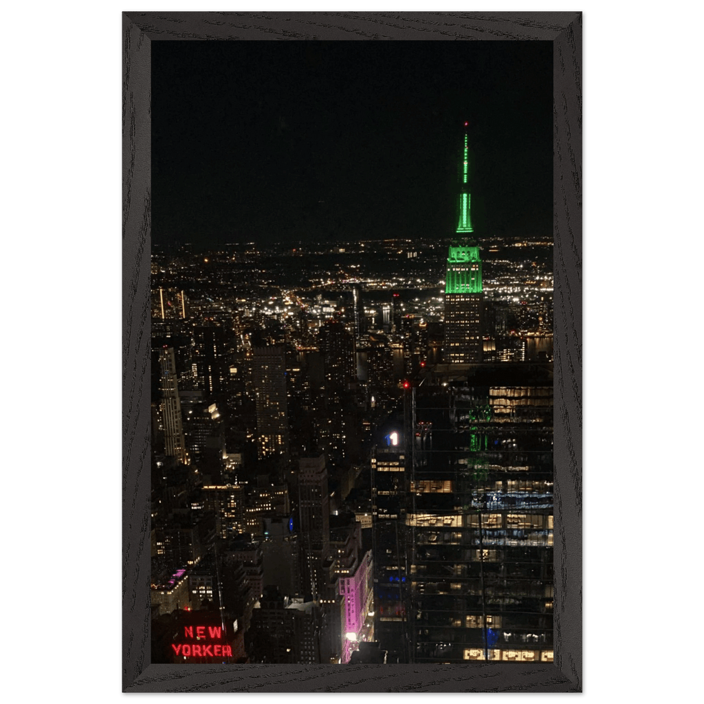 Premium wood-mounted framed poster of NYC downtown night view with Empire State Building, part of the Travel Collection.