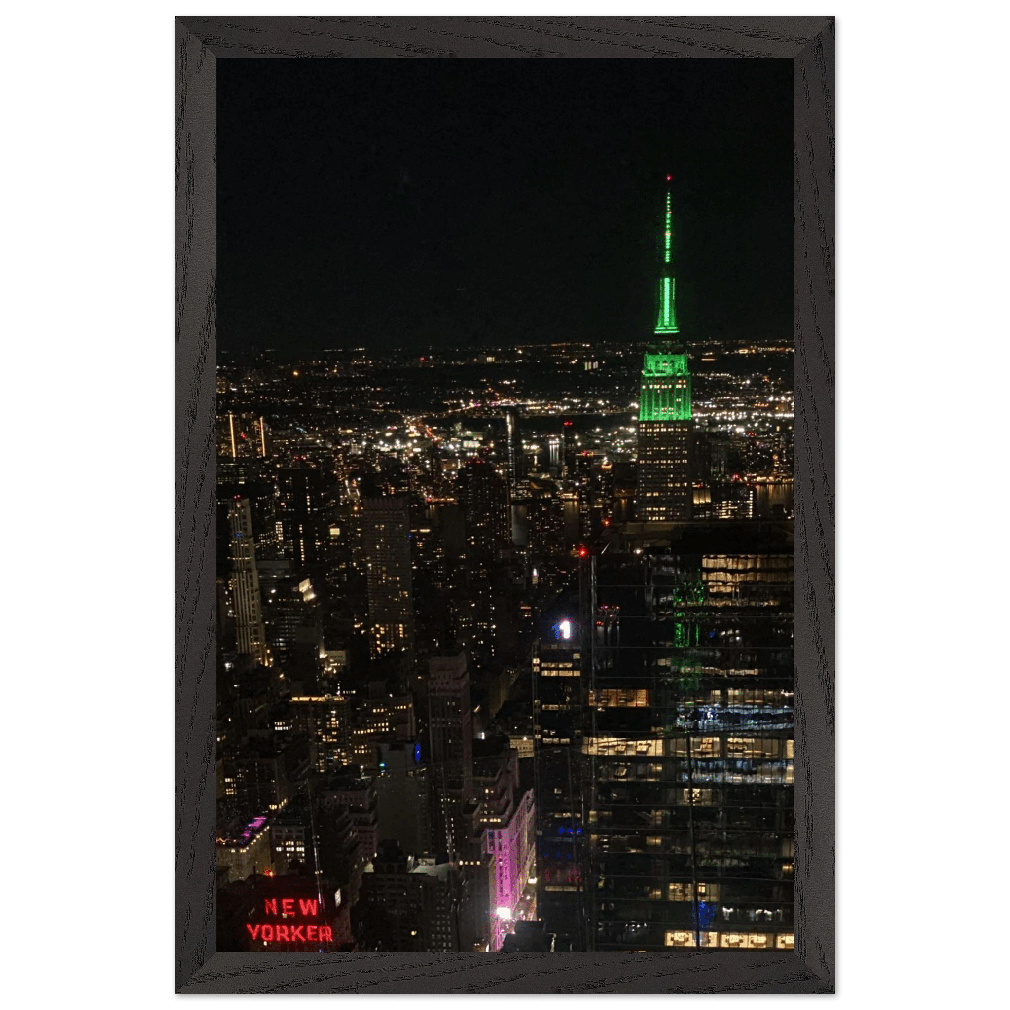 Premium wood-mounted framed poster of NYC downtown night view with Empire State Building, part of the Travel Collection.