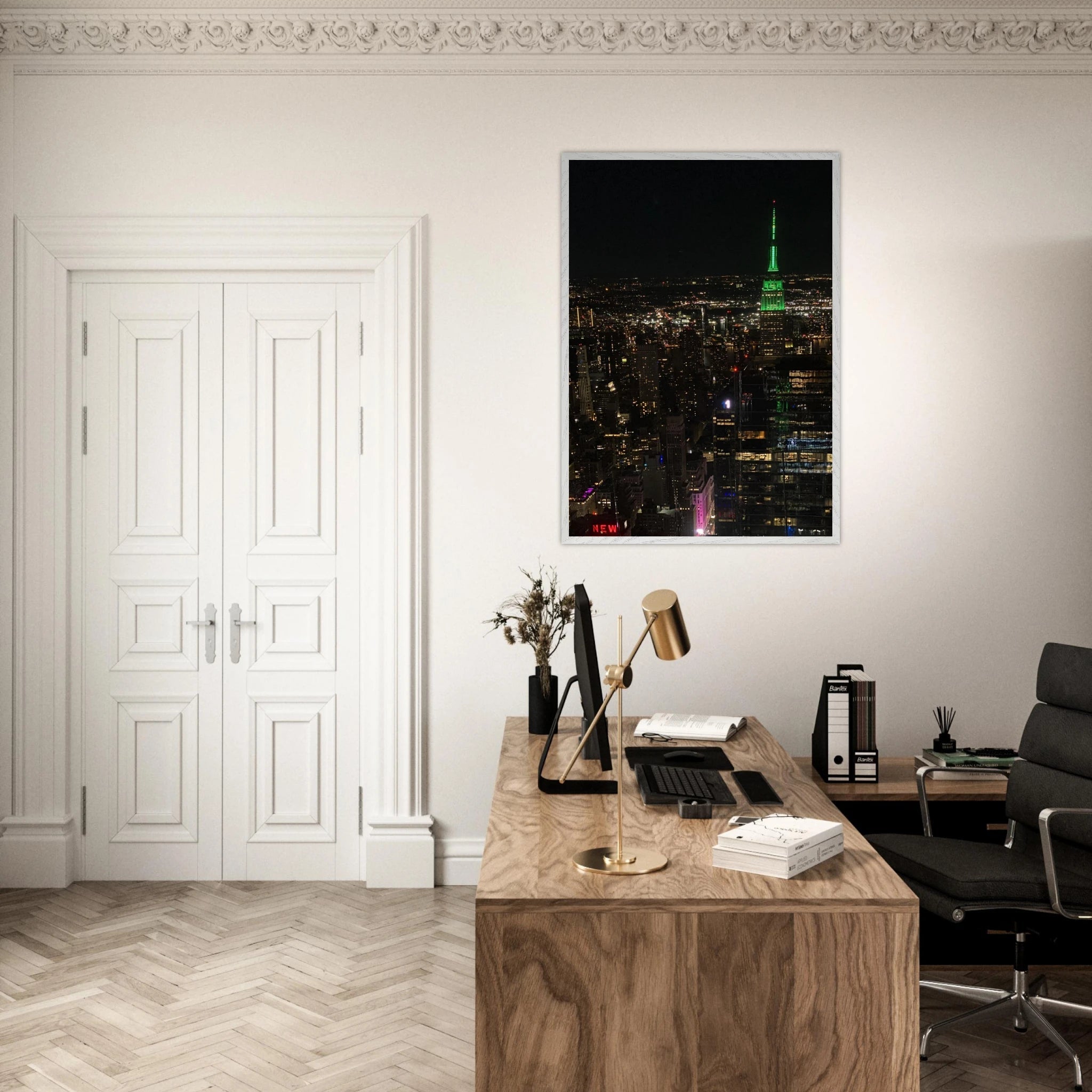 Premium wood-mounted framed poster of NYC downtown night view with Empire State Building in white frame, part of travel collection.