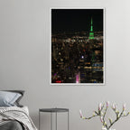 Premium wood-mounted framed poster of NYC downtown night view with Empire State Building, 15x20 cm print in white frame.