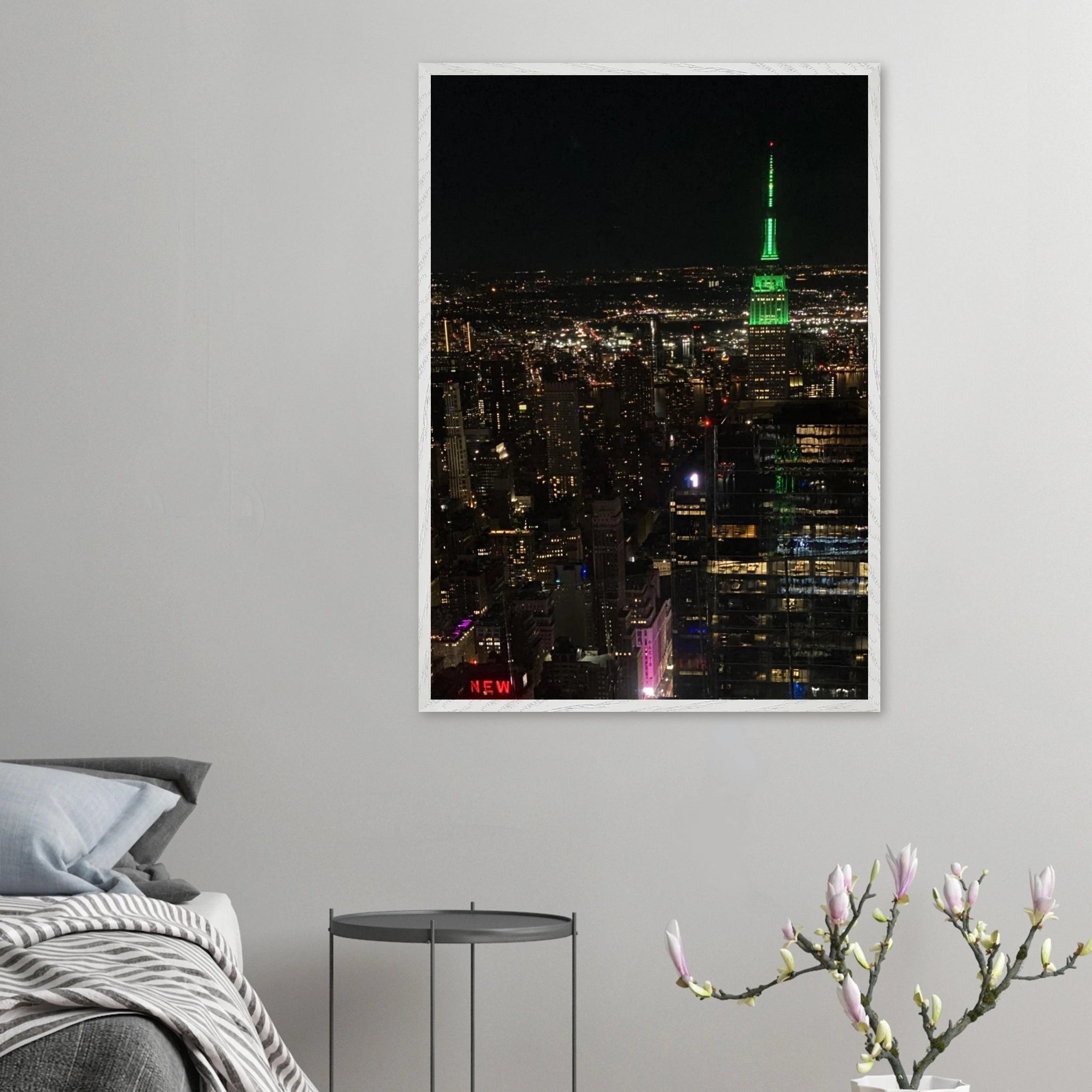 Premium wood-mounted framed poster of NYC downtown night view with Empire State Building, 15x20 cm print in white frame.