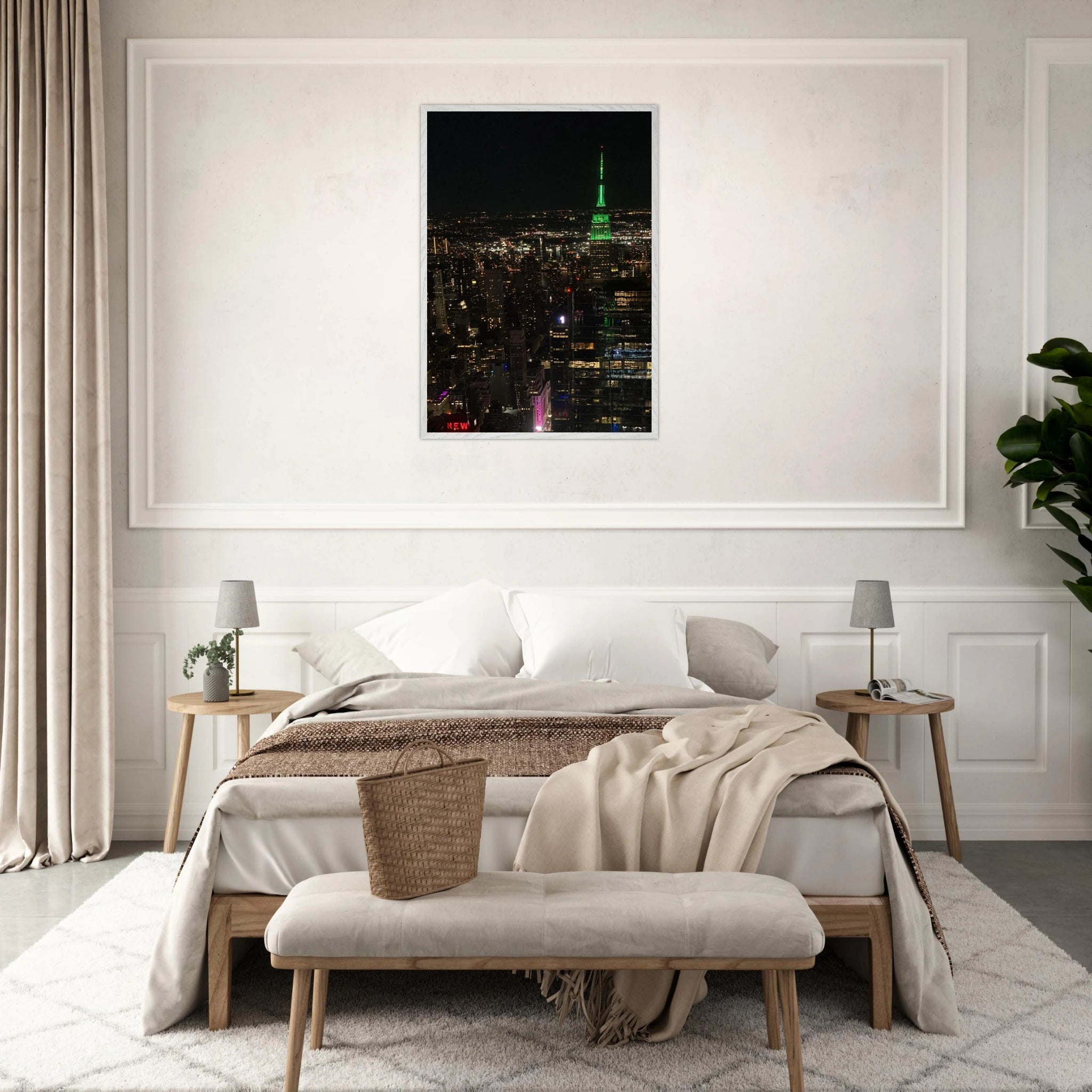 Wood-mounted framed poster of NYC downtown night view with Empire State Building, part of the Travel Collection, Studio Edition.