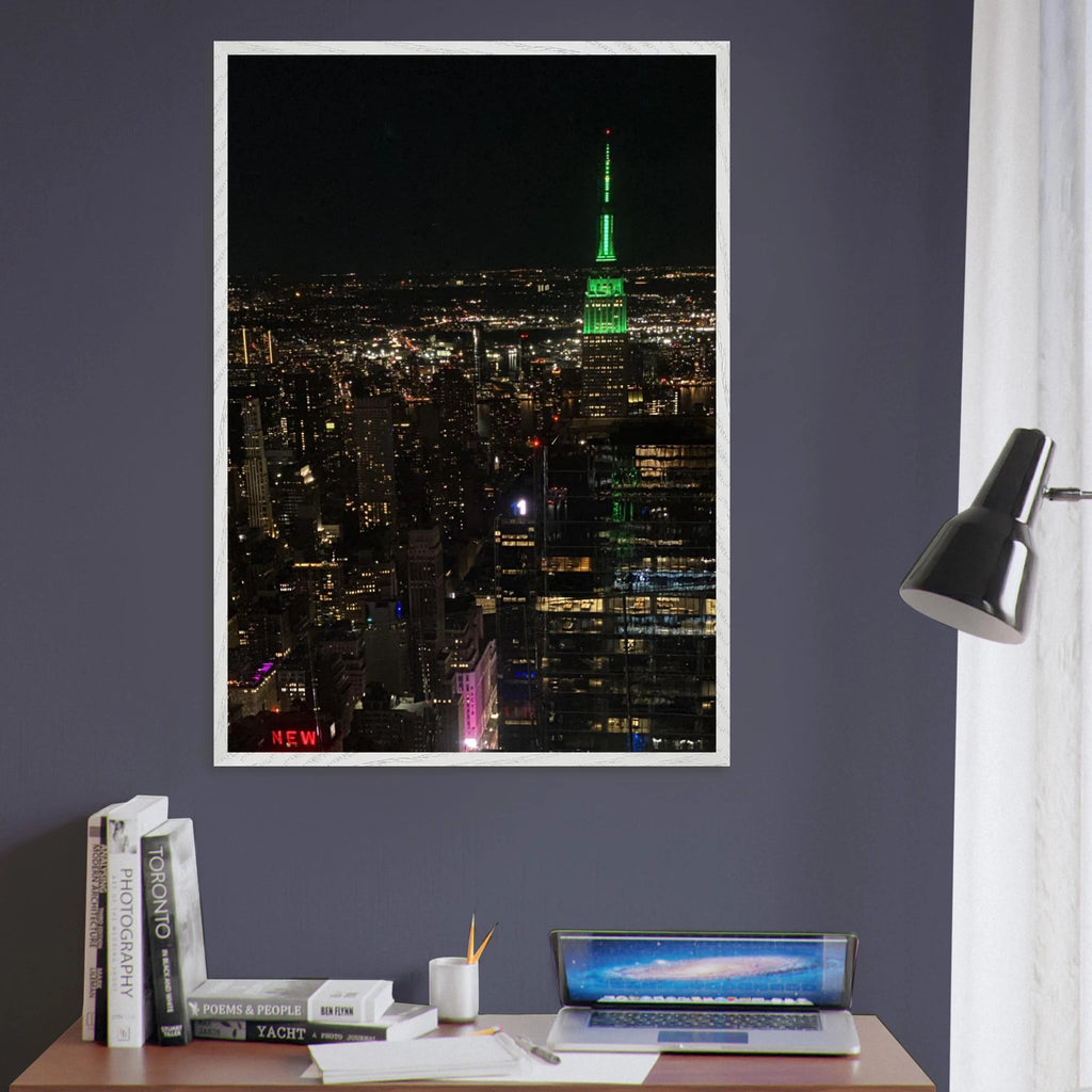 Premium wood-mounted framed poster of NYC downtown night view featuring the Empire State Building, part of the Travel Collection.