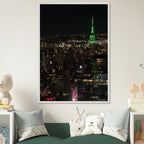 Wood-mounted framed poster of NYC Downtown night view with Empire State Building, part of the Travel Collection by My Store.