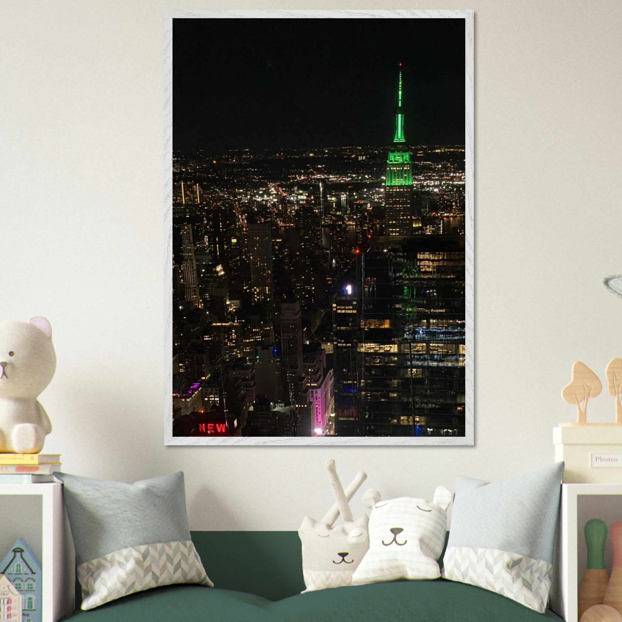 Wood-mounted framed poster of NYC Downtown night view with Empire State Building, part of the Travel Collection by My Store.