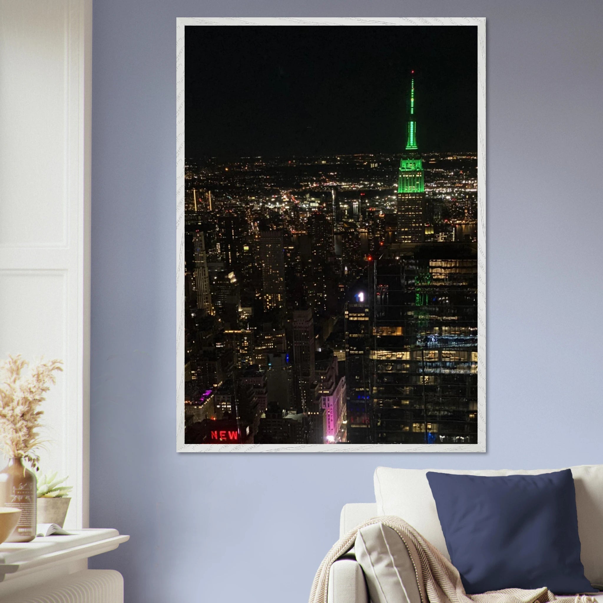 Premium wood-mounted framed poster of NYC downtown night view with Empire State Building, from the Studio Edition Travel Collection.