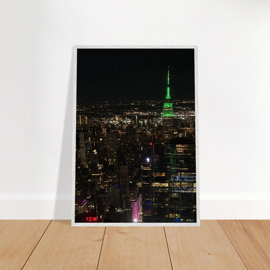 Premium wood-mounted framed poster of NYC downtown night view with Empire State Building, 15x20 cm print, white frame, Studio Edition.