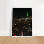 Premium wood-mounted framed poster of NYC downtown night view with Empire State Building, 15x20 cm print, white frame, Studio Edition.