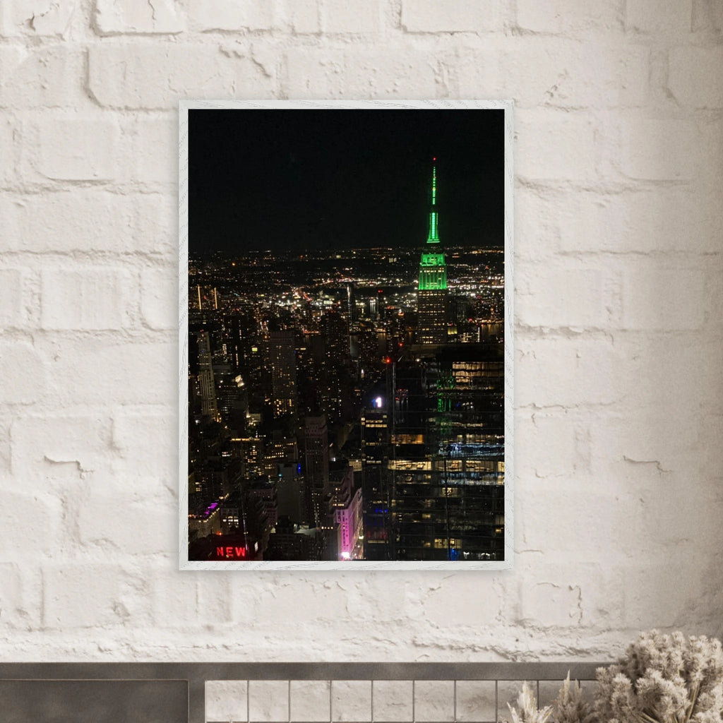Premium wood-mounted framed poster of NYC Downtown night view with Empire State Building, 15x20 cm print in white frame.