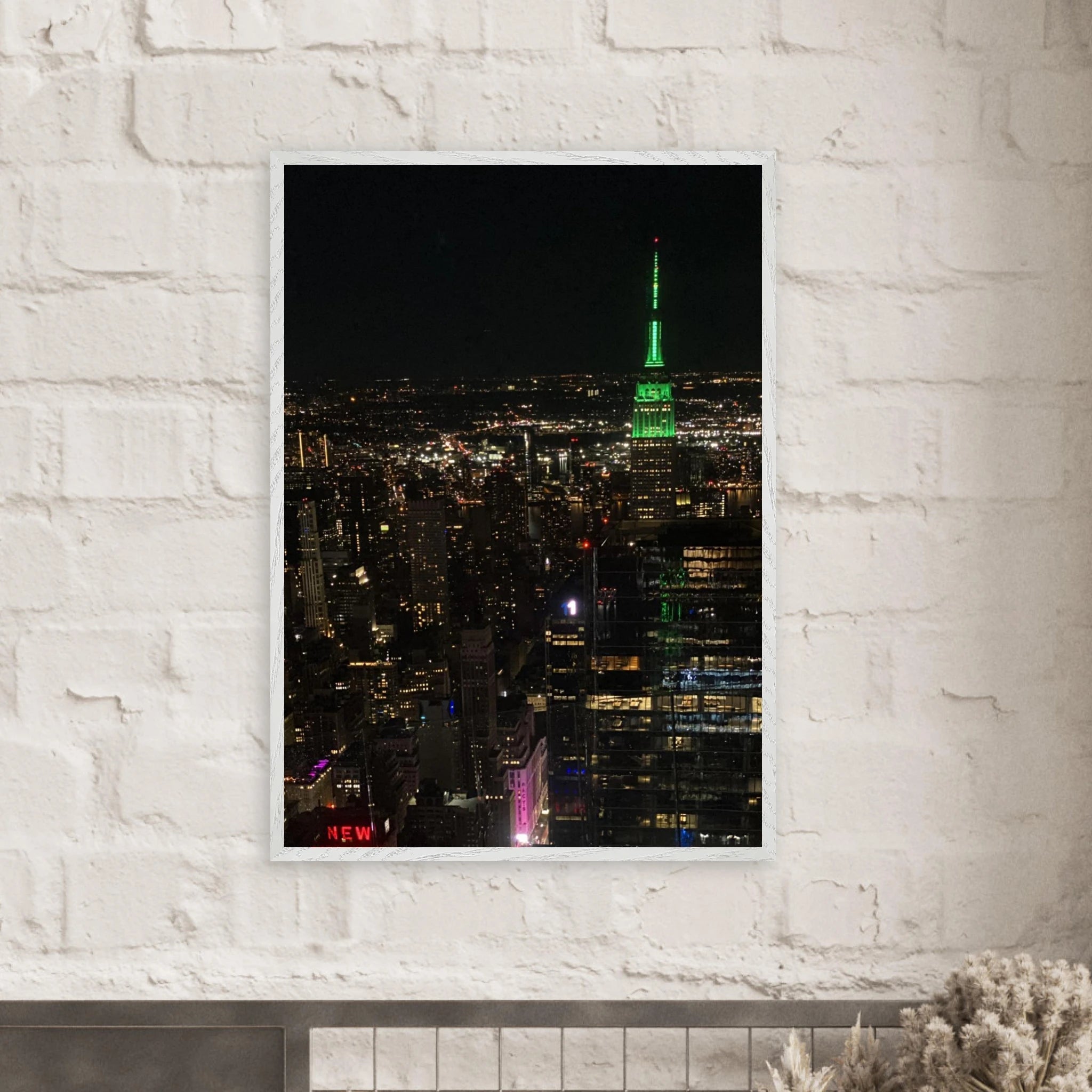 Premium wood-mounted framed poster of NYC Downtown night view with Empire State Building, 15x20 cm print in white frame.