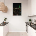 Premium wood-mounted framed poster of NYC Downtown night view with Empire State Building, 15x20 cm print in a white frame.
