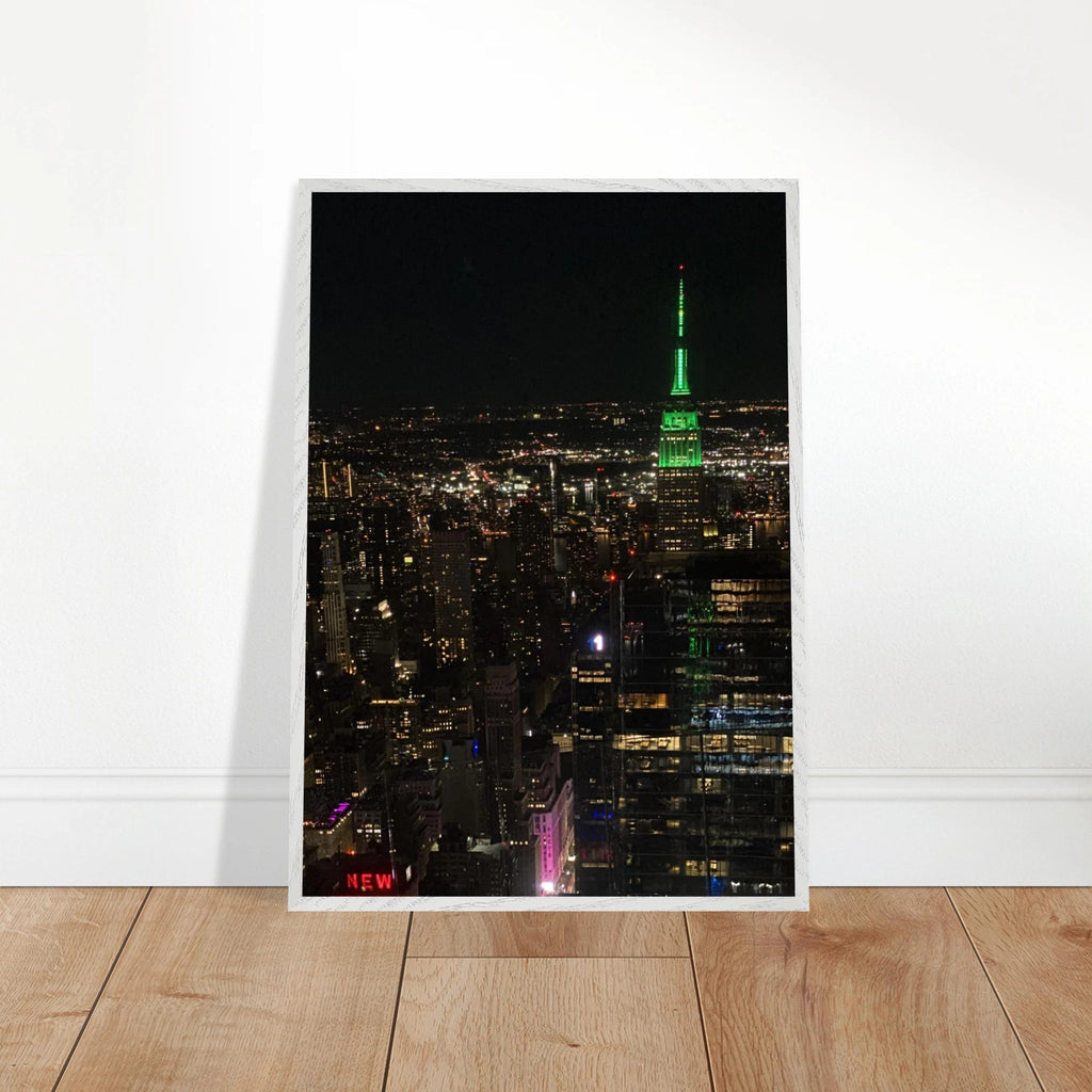 Premium wood-mounted framed poster of NYC downtown night view with Empire State Building, part of the Studio Edition travel collection.