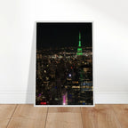 Premium wood-mounted framed poster of NYC downtown night view with Empire State Building, part of the Studio Edition travel collection.