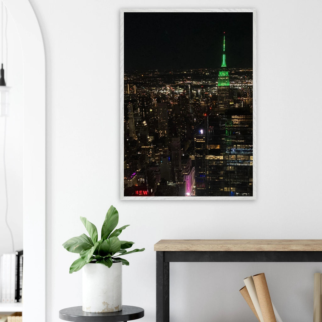 Premium wood-mounted framed poster of NYC downtown night view with Empire State Building, part of the Studio Edition Travel Collection.