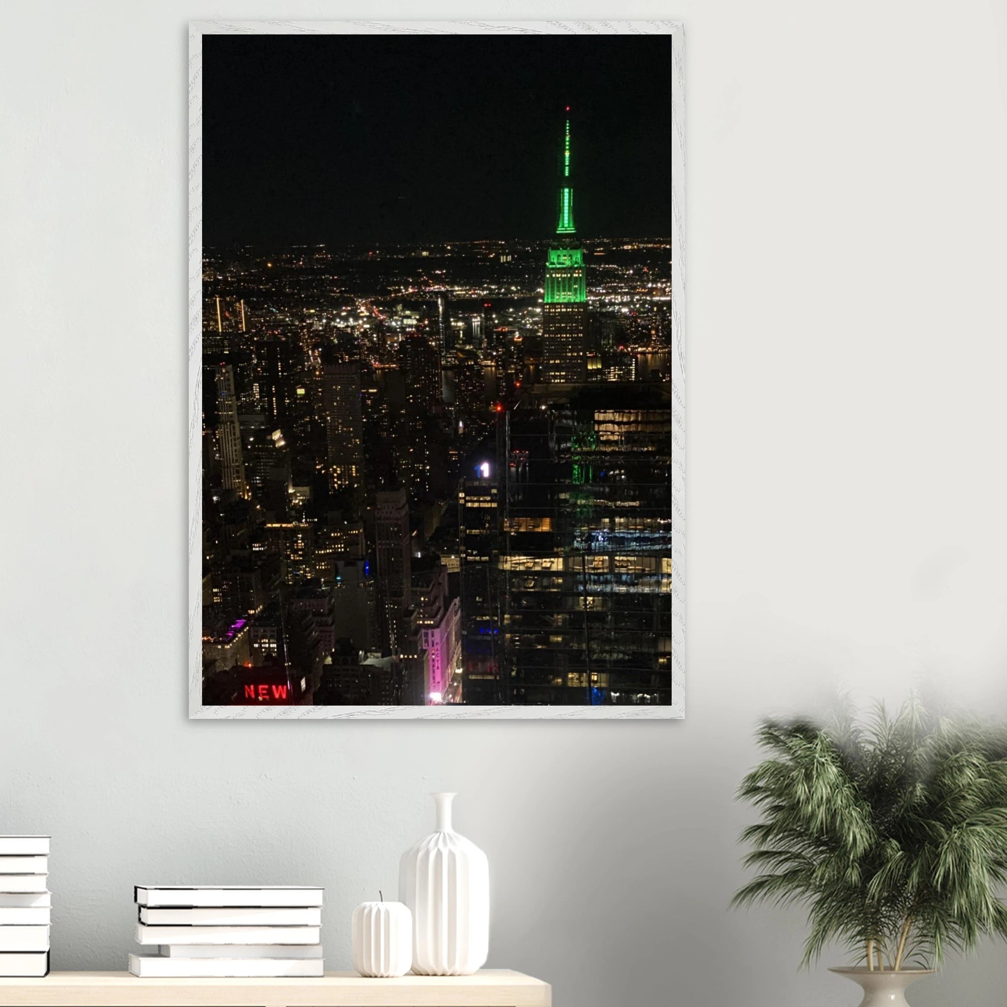 Premium wood-mounted framed poster of NYC downtown night view with Empire State Building, part of the Travel Collection Studio Edition.