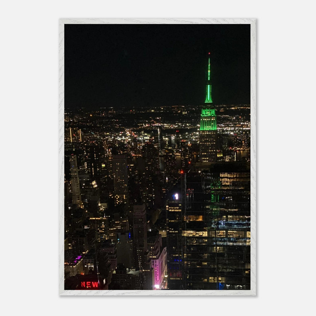 Premium wood-mounted framed poster of NYC downtown night view with Empire State Building, part of Travel Collection studio edition.
