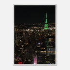 Premium wood-mounted framed poster of NYC downtown night view with Empire State Building, part of Travel Collection studio edition.