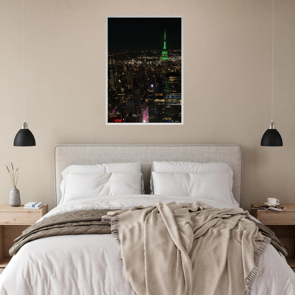 Premium wood-mounted framed poster of NYC downtown night view with Empire State Building, part of the Travel Collection studio edition.