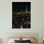 Premium wood-mounted NYC downtown night view poster with Empire State Building in a white frame, part of the Travel Collection Studio Edition.