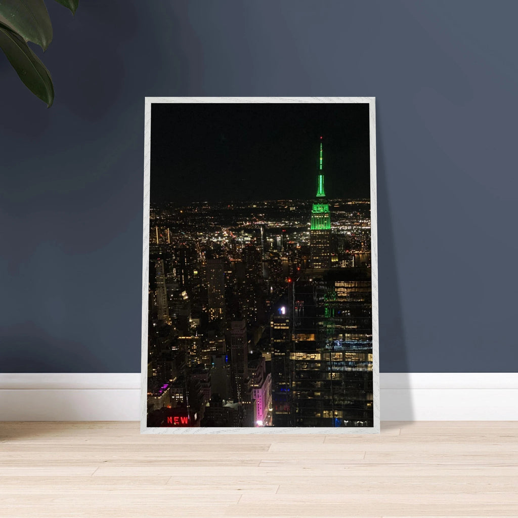 Premium wood-mounted framed poster of NYC downtown night view with Empire State Building, 15x20 cm print, white frame, travel collection.