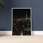 Premium wood-mounted framed poster of NYC downtown night view with Empire State Building, 15x20 cm print, white frame, travel collection.