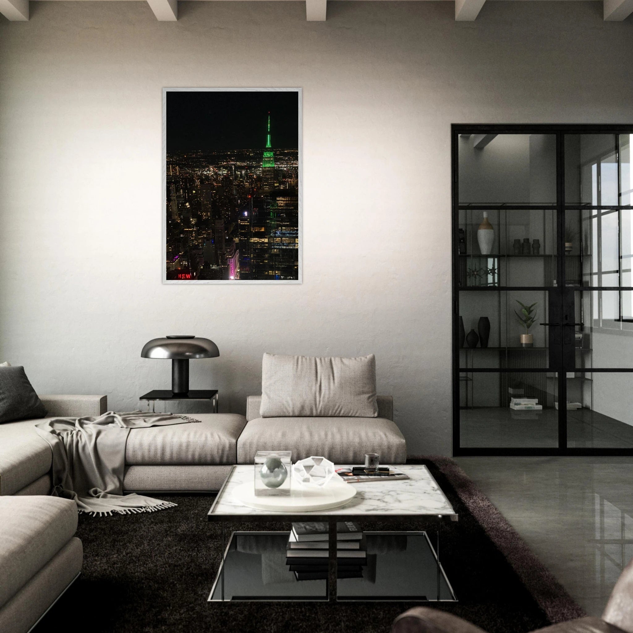 Wood-mounted framed poster of NYC downtown night view with Empire State Building, part of the Travel Collection, Studio Edition.