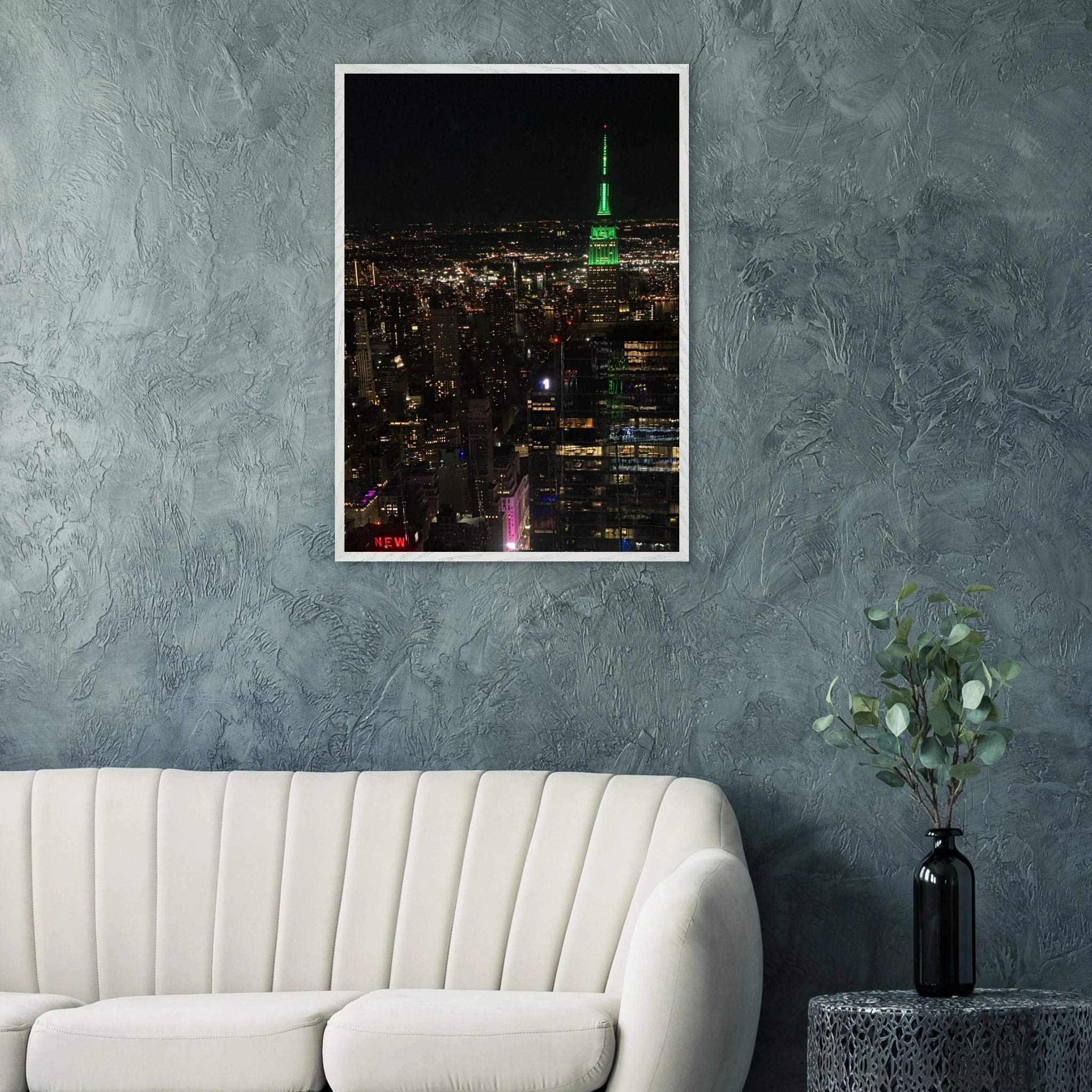 Wood-mounted framed print of NYC downtown night view featuring the Empire State Building, part of the Travel Collection studio edition.