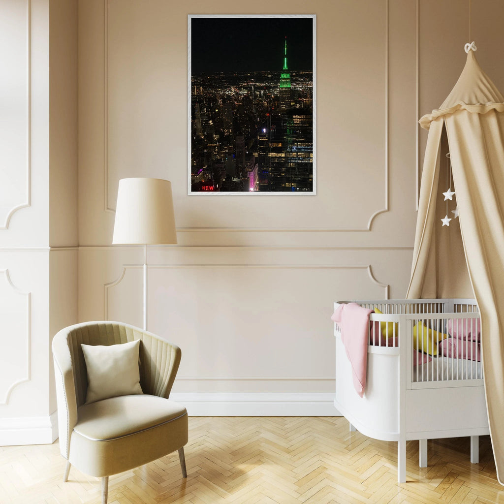 Wood-mounted framed poster of NYC downtown night view with Empire State Building, part of the Travel Collection, Studio Edition.